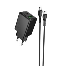 Įkroviklis Hoco N71 30W GaN USB-C / USB-A + USB-C to USB-C cable 1.0m juodas