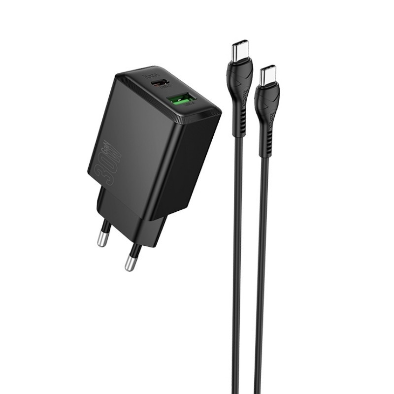 Įkroviklis Hoco N71 30W GaN USB-C / USB-A + USB-C to USB-C cable 1.0m juodas