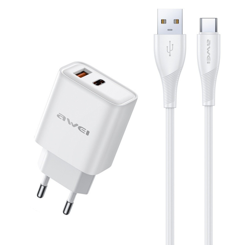 Charger Awei PD81T-EU 22.5W USB-A / USB-C + USB-A to USB-C cable 1.0m white