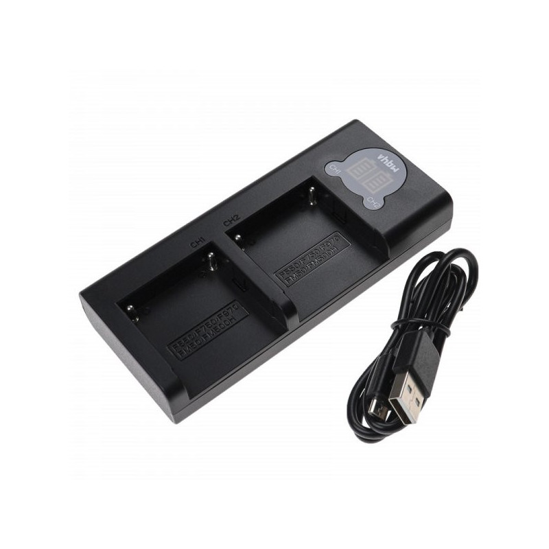 Dvigubas įkroviklis Sony NP-FM50 akumuliatoriams ir pan., su USB laidu