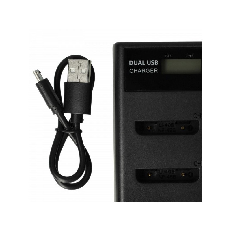 Dual charger (Micro USB / Type C) for Olympus battery Li-40B etc., with display