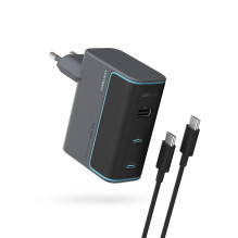 „Cuktech CUKAD1003EUG GaN 100W“ sieninis įkroviklis, 2 x USB-C, 1 x USB-A su USB-C laidu – pilkas