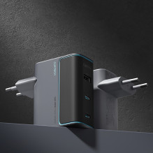 „Cuktech CUKAD1003EUG GaN 100W“ sieninis įkroviklis, 2 x USB-C, 1 x USB-A su USB-C laidu – pilkas