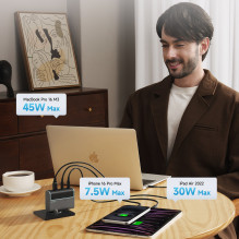 „Cuktech CUKAD1003EUG GaN 100W“ sieninis įkroviklis, 2 x USB-C, 1 x USB-A su USB-C laidu – pilkas