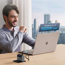 „Cuktech CUKAD1003EUG GaN 100W“ sieninis įkroviklis, 2 x USB-C, 1 x USB-A su USB-C laidu – pilkas