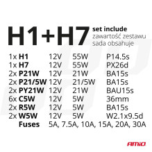 Set of spare bulbs, fuses, 30 pcs. H7 + H1 AMIO-03960