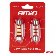 LED lemputės CANBUS 4014 12SMD Festoon C5W C10W C3W 39mm baltos 12V 24V AMIO-01290