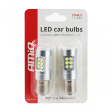 LED lemputės CANBUS 3030 24SMD BA15S P21W baltos 12V 24V AMIO-01445