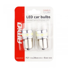 LED lemputės CANBUS 3014 24SMD + 3030 6SMD BA15S P21W R10W R5W baltos 12V 24V AMIO-02448
