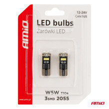 LED CANBUS lemputės T10e W5W 3x2055 SMD baltos 12V 24V AMIO-03720