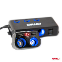 Cigarette lighter socket splitter 2x USB 1x USB-C 12V 24V + voltmeter AMIO-04173