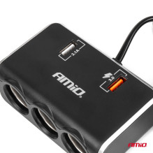 Cigarečių žiebtuvėlio lizdo skirstytuvas su įkrovikliu 2x USB-A QC3.0 12V 24V 120W 80cm AMIO-04364