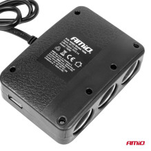 Cigarečių žiebtuvėlio lizdo skirstytuvas su įkrovikliu 2x USB-A ĮJUNGTA / IŠJUNGTA LED 12V 24V 100W 70cm AMIO-04363