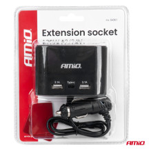 Cigarečių žiebtuvėlio lizdo skirstytuvas su įkrovikliu 2x USB-A 1x USB-C 12V 24V 120W 70cm AMIO-04361