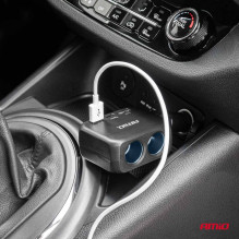 Cigarečių žiebtuvėlio lizdo skirstytuvas su įkrovikliu 2x USB-A 1x USB-C 12V 24V 100W 180° AMIO-04357