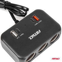 Cigarečių žiebtuvėlio lizdo skirstytuvas su įkrovikliu 1x USB-A 1x USB-C QC4.0 12V 24V 120W 80cm AMIO-04365
