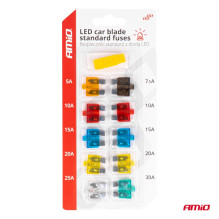 Standartiniai automobilių saugikliai su LED diodu, 10 vnt. AMIO-04341