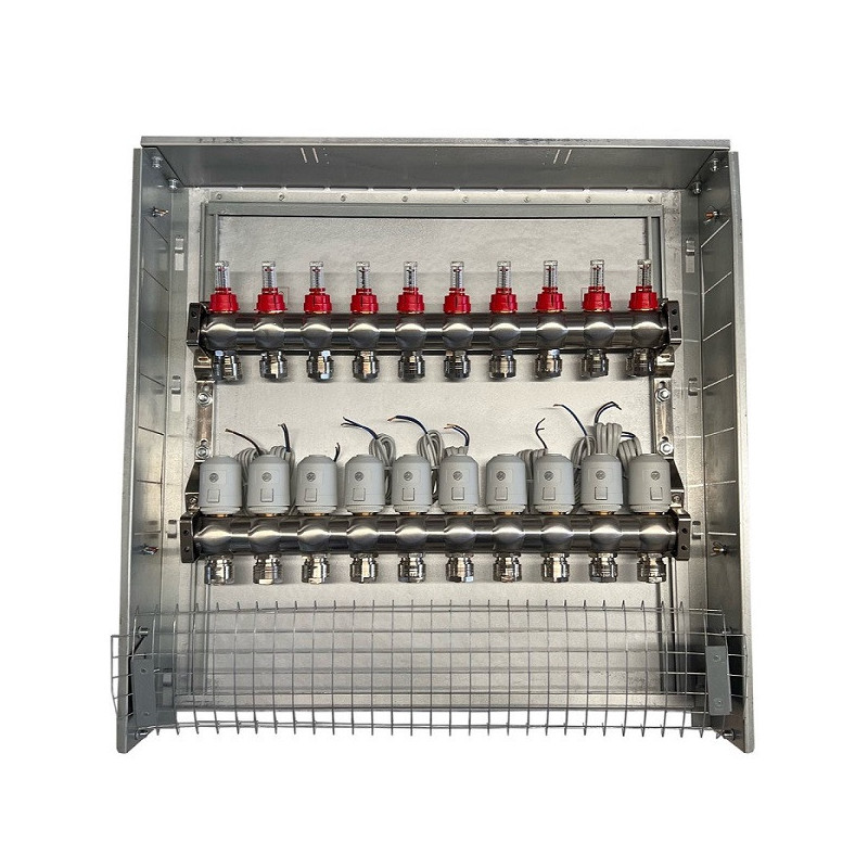 Underfloor heating manifold 10 circuits with thermal actuators NC AC230V and flow meters