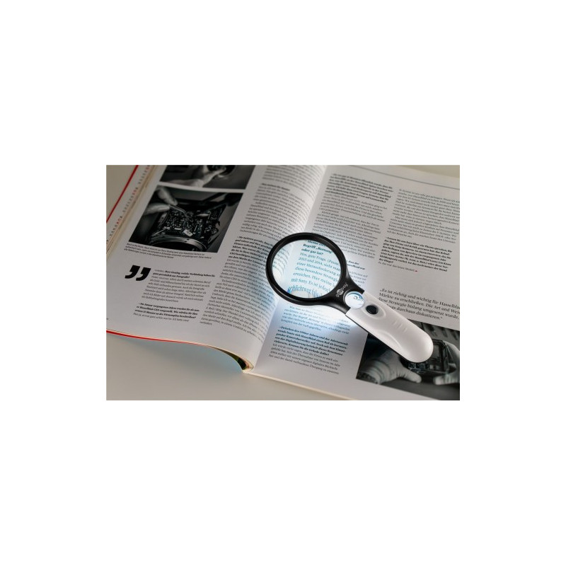 LED illuminated magnifying glass (magnifier with two optical lenses - 12.24x, 1.75x)