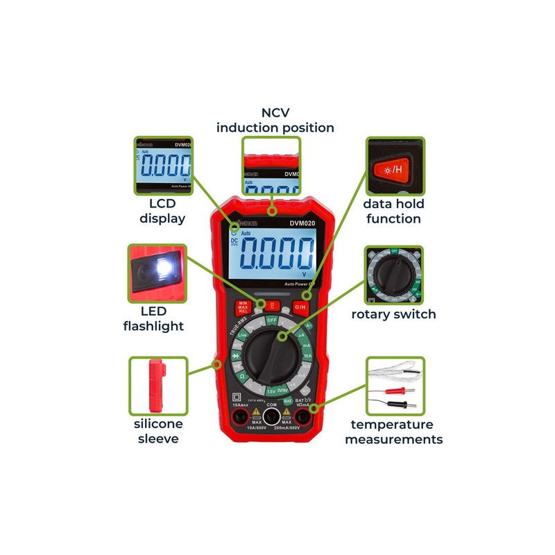 8-function True RMS rugged multimeter, AC/DC, Temperature, CAT III, 600V