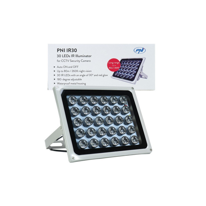 Infraraudonųjų spindulių LED prožektorius PNI IR30 kameroms ir vaizdo stebėjimo sistemoms, 30 IR šviesos diodų, 80 m ats