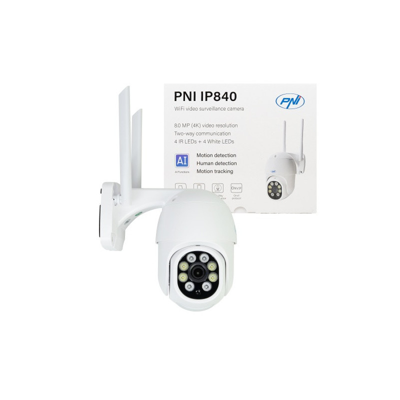 Wireless video surveillance camera PNI IP840 WiFi, PTZ, 8MP 4K, micro SD slot, autonomous, AI functions