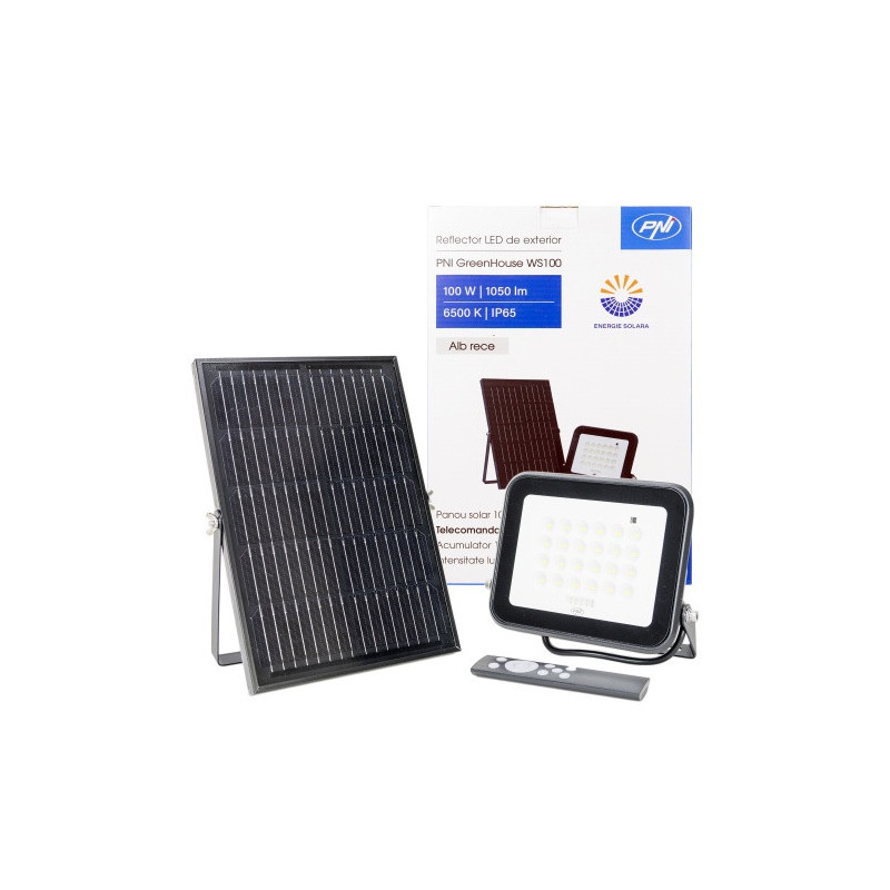 PNI GreenHouse WS100 100W LED prožektorius su saulės baterija, 10000mAh baterija, nuotolinio valdymo pultu,