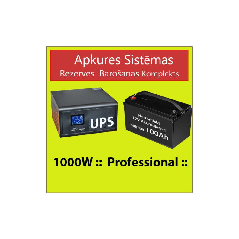 Komplekts: Profesionāls Invertors UPS apkures sistēmai 1000W + 12V 100Ah akum.