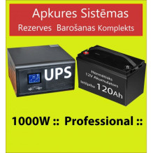 Komplektas: Profesionalus inverterinis nepertraukiamo maitinimo šaltinis (UPS) šildymo sistemai 1000 W + 12 V 120 Ah aku