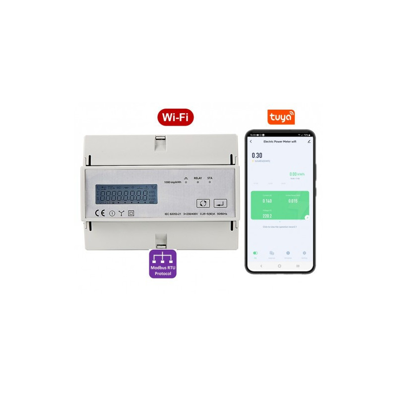 Three-phase electricity meter, Multi-tariff, Wi-Fi, Tuya application, Built-in Relay, Modbus