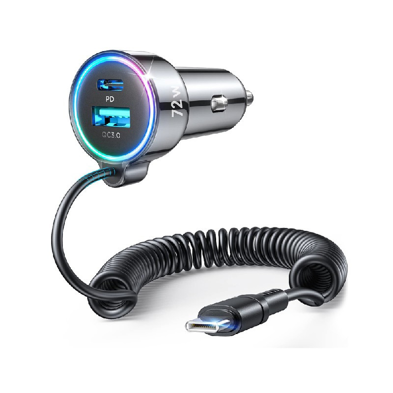 Įkroviklis automobilinis JOYROOM (JR-CL07) 3IN1 (1xUSB, 1xUSB-C 1.6M 72W) su Type-C laidu juodas