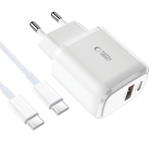 Tech-Protect C20W USB-C PD 20W / USB-A QC 3.0 įkroviklis su USB-C / USB-C laidu – baltas
