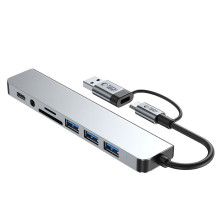 Tech-Protect HB06 HUB adapteris 8in1 TYPE-C + USB2.0 + USB3.0 + SD / TF + AV3.5 - pilka