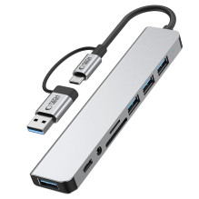 Tech-Protect HB06 HUB adapteris 8in1 TYPE-C + USB2.0 + USB3.0 + SD / TF + AV3.5 - pilka