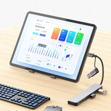 Tech-Protect HB06 HUB adapteris 8in1 TYPE-C + USB2.0 + USB3.0 + SD / TF + AV3.5 - pilka