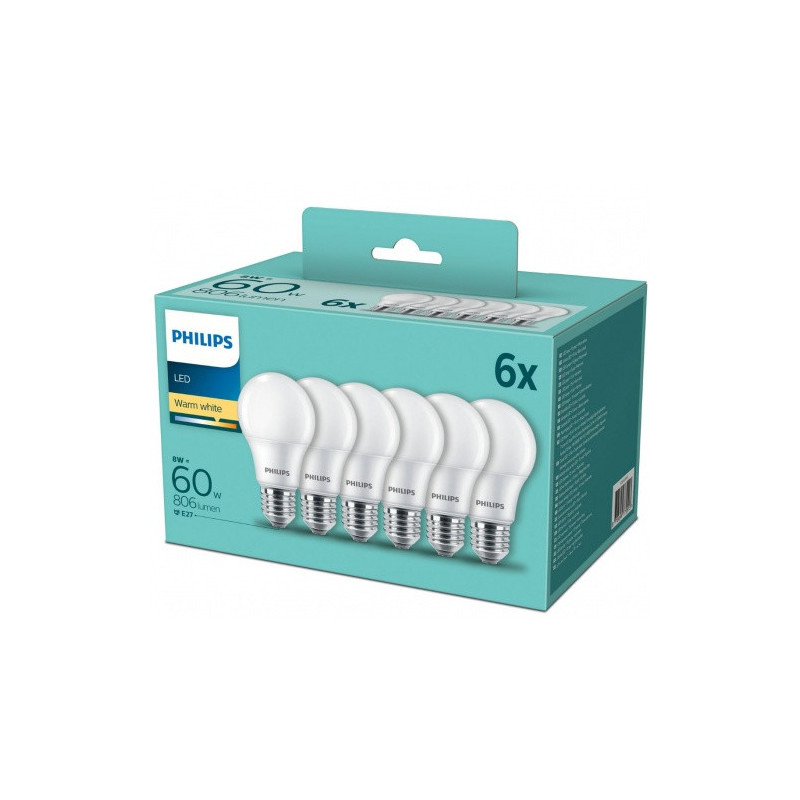 Philips LED Bulbs 8W (60W) E27 806Lm WW FR A60 ND 6pcs.