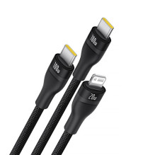 „Baseus Flash Series 3“ 3 viename laidas 100 W USB-C – USB-C+USB-C+ Lightning 1,5 m + 3 x 0,25 m – juodas