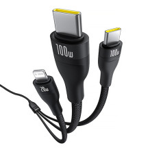 „Baseus Flash Series 3“ 3 viename laidas 100 W USB-C – USB-C+USB-C+ Lightning 1,5 m + 3 x 0,25 m – juodas