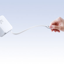 „Joyroom JR-TCL06“ 67 W „GaN“ sieninis įkroviklis su integruotu ištraukiamu USB-C laidu – baltas