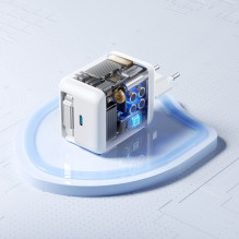 „Joyroom JR-TCL06“ 67 W „GaN“ sieninis įkroviklis su integruotu ištraukiamu USB-C laidu – baltas