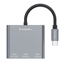 „Wozinsky WHCH-01“ USB-C šakotuvas PD 100W HDMI 4K@30Hz USB-A 10Gbps - pilkas