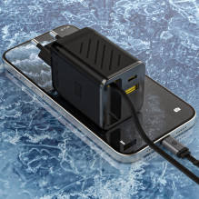 „Dudao A67EU GaN 67W“ sieninis įkroviklis su įmontuotu ištraukiamu USB-C maitinimo laidu – juodas