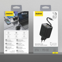 „Dudao A67EU GaN 67W“ sieninis įkroviklis su įmontuotu ištraukiamu USB-C maitinimo laidu – juodas