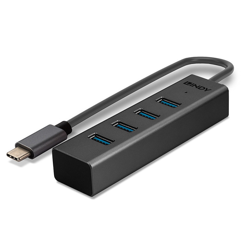 USB Hub - LINDY 4 Port USB 3.2 Gen 1 Type C Hub, 5 Gbps, Data Transfer, 30 cm Cable, Black