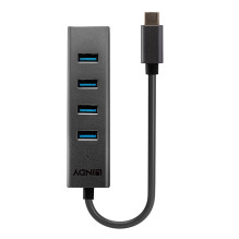 USB Hub - LINDY 4 Port USB 3.2 Gen 1 Type C Hub, 5 Gbps, Data Transfer, 30 cm Cable, Black