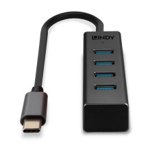 USB Hub - LINDY 4 Portų USB 3.2 Gen 1 Type C Hub, 5 Gbps, Duomenų Perdavimui, 30 cm Kabelis, Juodas