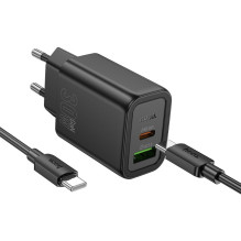 Įkroviklis Hoco N63 30W GaN USB-C / USB-A + USB-C to USB-C cable 1.0m juodas