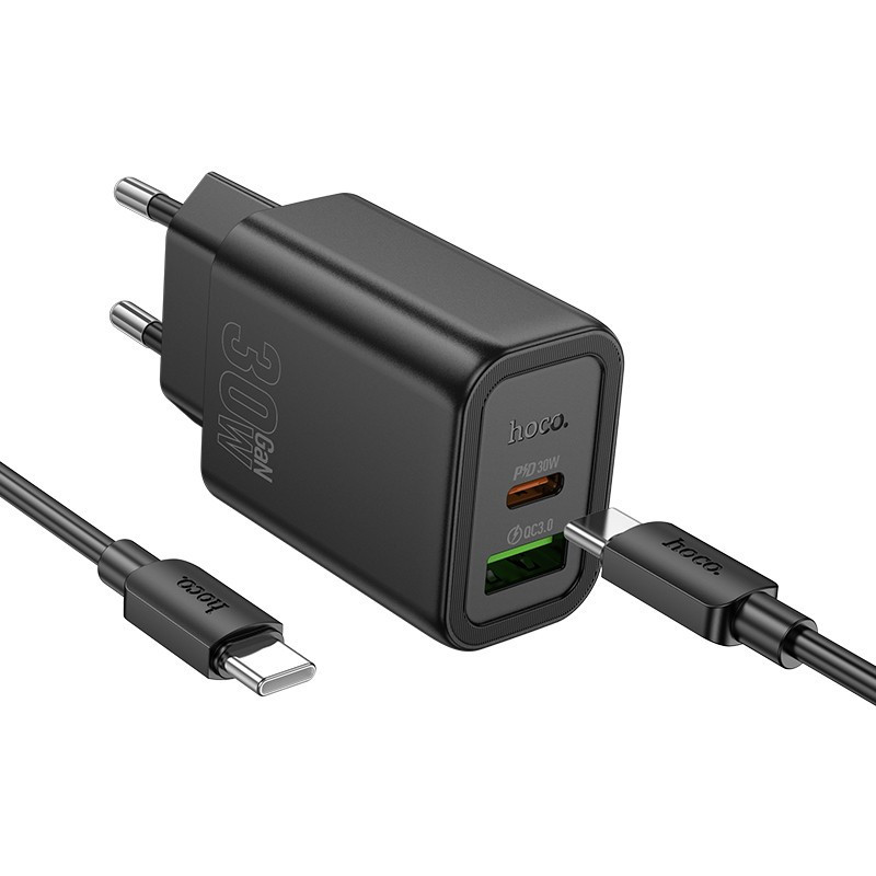 Įkroviklis Hoco N63 30W GaN USB-C / USB-A + USB-C to USB-C cable 1.0m juodas