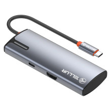 Tellur USB-C šakotuvas, PD 3.0 100W, HDMI, 3xUSB 3.0 pilkas