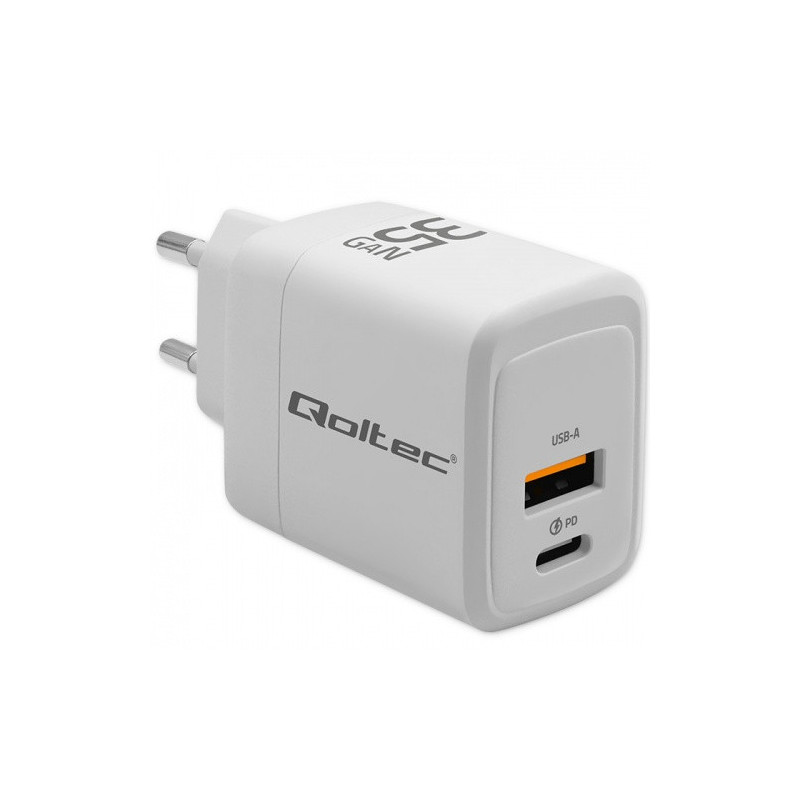 Qoltec GaN 35W charger, 5-20V, 1.5-3A, 1 x USB-C PD, 1x USB QC 3.0, White